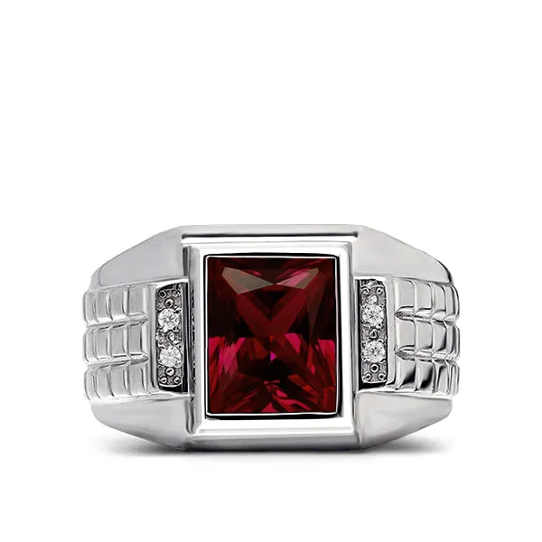 0.08ct Natural Diamond in Solid 14K White Gold with Red Ruby Mens Gold Ring