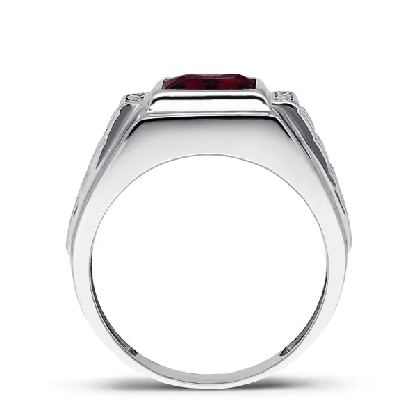 0.08ct Natural Diamond in Solid 14K White Gold with Red Ruby Mens Gold Ring