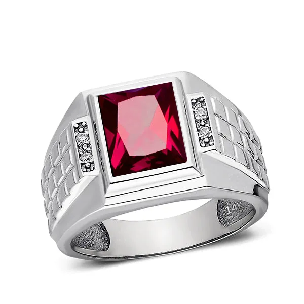 0.08ct Natural Diamond in Solid 14K White Gold with Red Ruby Mens Gold Ring