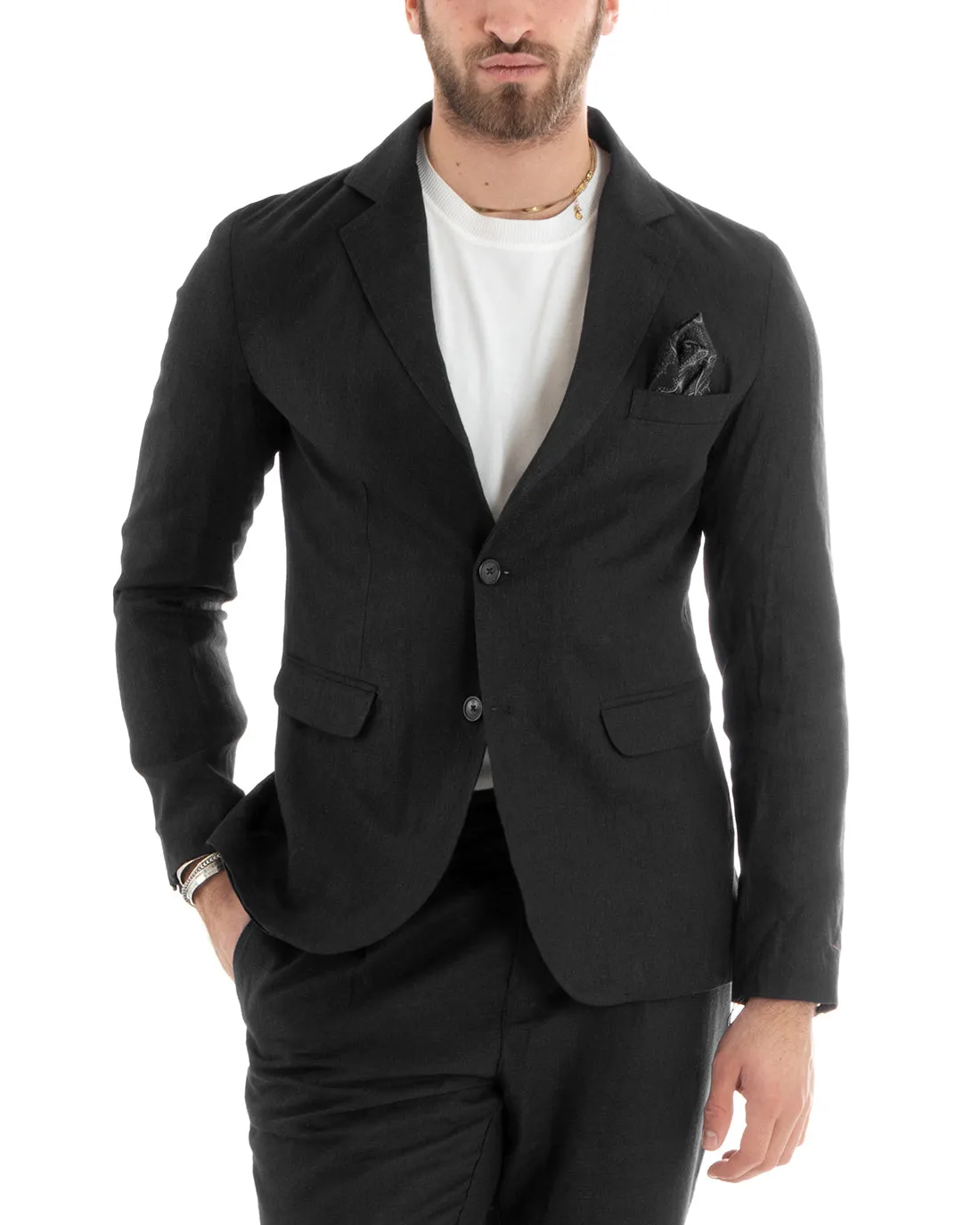 Abito Uomo Monopetto Completo Lino Sartoriale Giacca Pantaloni Tinta Unita Nero GIOSAL-OU2325A