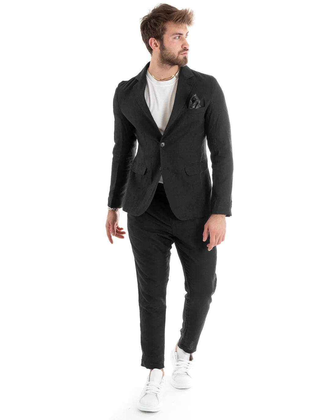 Abito Uomo Monopetto Completo Lino Sartoriale Giacca Pantaloni Tinta Unita Nero GIOSAL-OU2325A