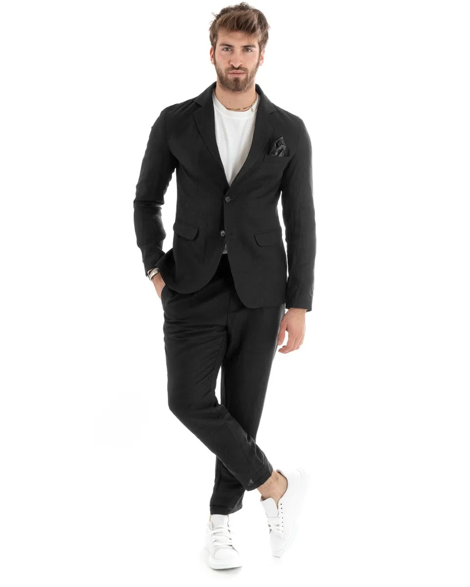 Abito Uomo Monopetto Completo Lino Sartoriale Giacca Pantaloni Tinta Unita Nero GIOSAL-OU2325A