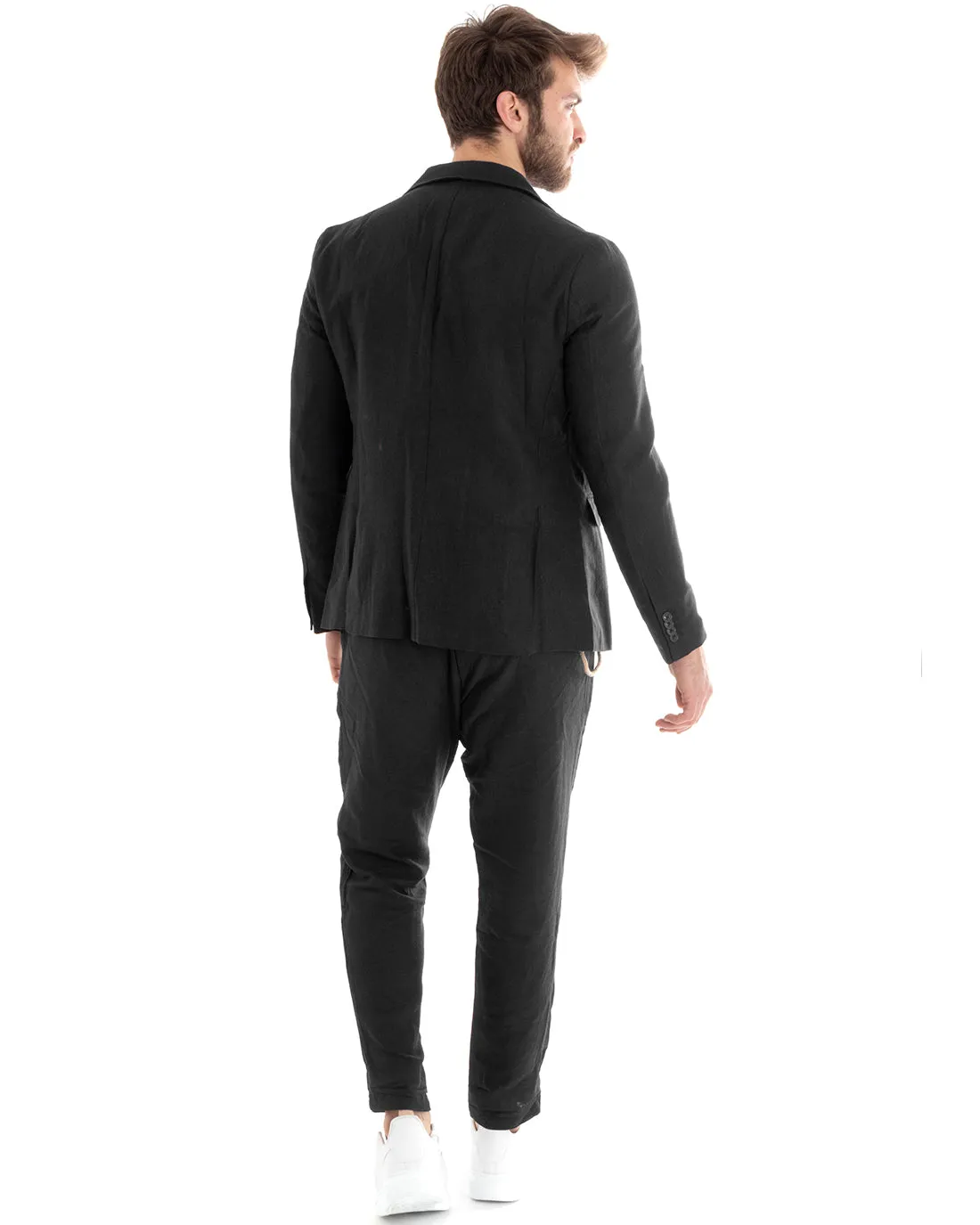 Abito Uomo Monopetto Completo Lino Sartoriale Giacca Pantaloni Tinta Unita Nero GIOSAL-OU2325A