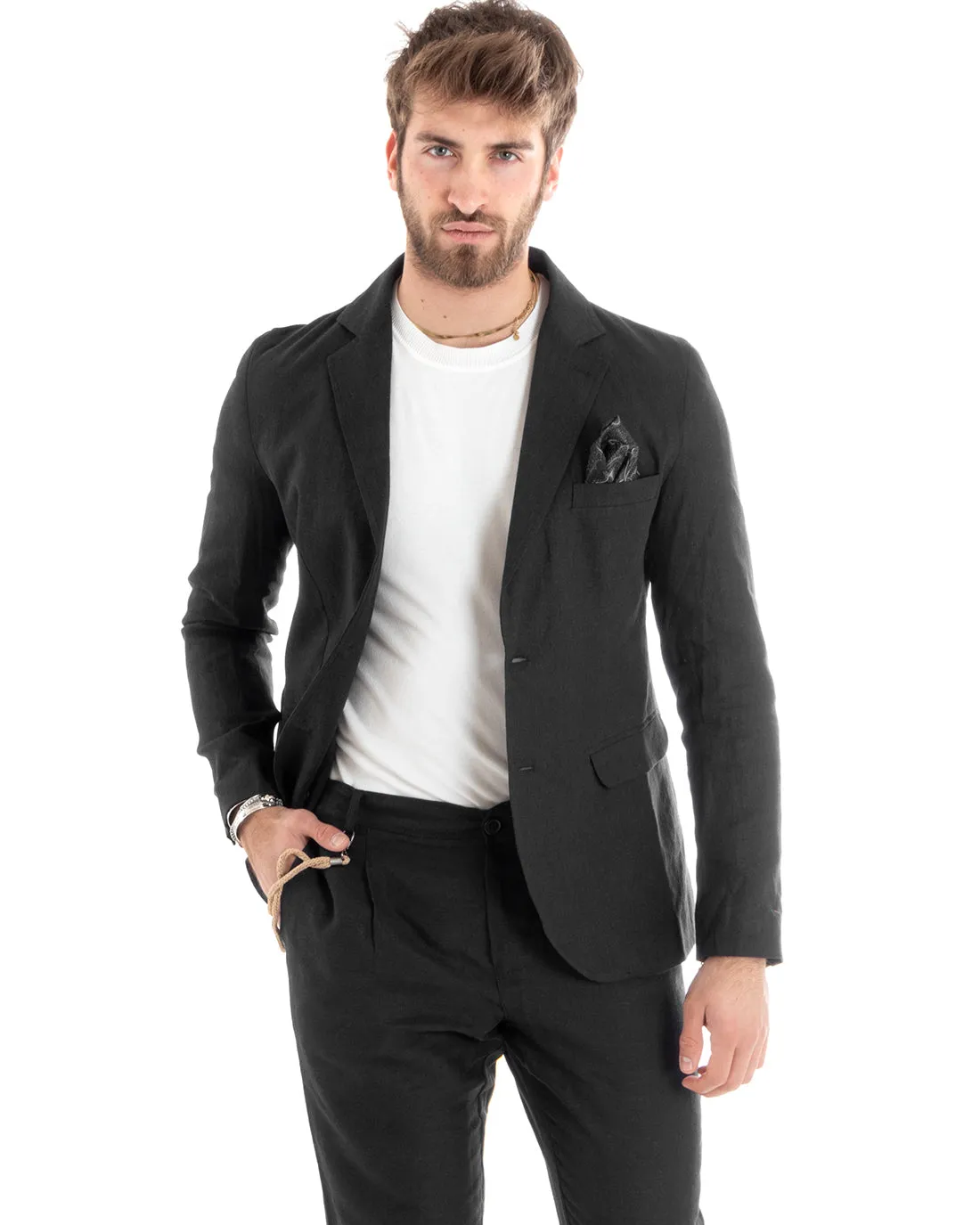 Abito Uomo Monopetto Completo Lino Sartoriale Giacca Pantaloni Tinta Unita Nero GIOSAL-OU2325A