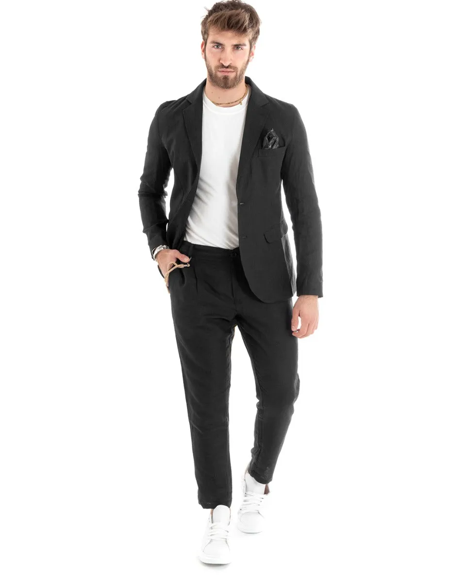 Abito Uomo Monopetto Completo Lino Sartoriale Giacca Pantaloni Tinta Unita Nero GIOSAL-OU2325A