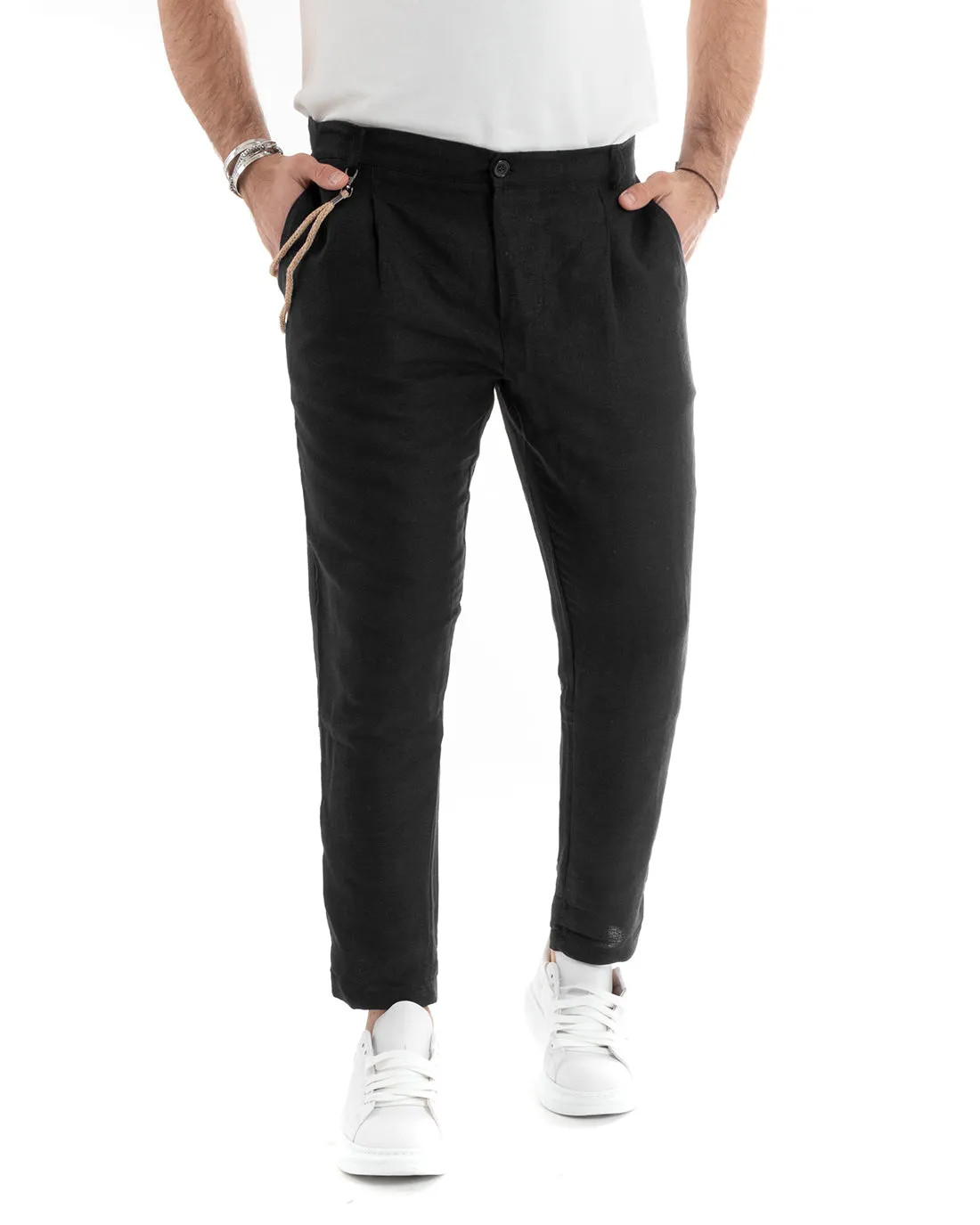 Abito Uomo Monopetto Completo Lino Sartoriale Giacca Pantaloni Tinta Unita Nero GIOSAL-OU2325A