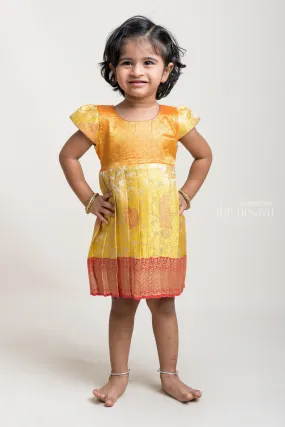 Adorable and Eye-Catching Pleated Semi-Silk with Golden Designer Yoke Frock For Girls