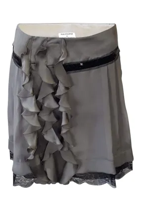 ALBERTA FERRETTI Grey Silk Frill Front Mini Skirt (38)