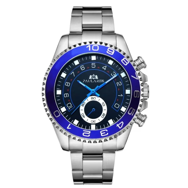 Automatic Self Wind Mechanical Stainless Steel Strap Casual Yellow Gold Silver Blue Bezel Master Business Men Watch