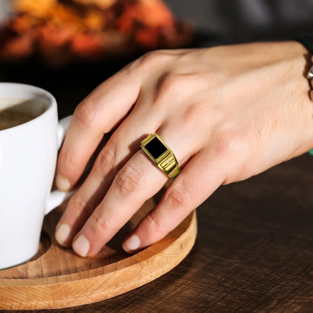 Black Onyx Gemstone Men's Ring 2 Diamond Side Stones 14k Real Solid Yellow Gold