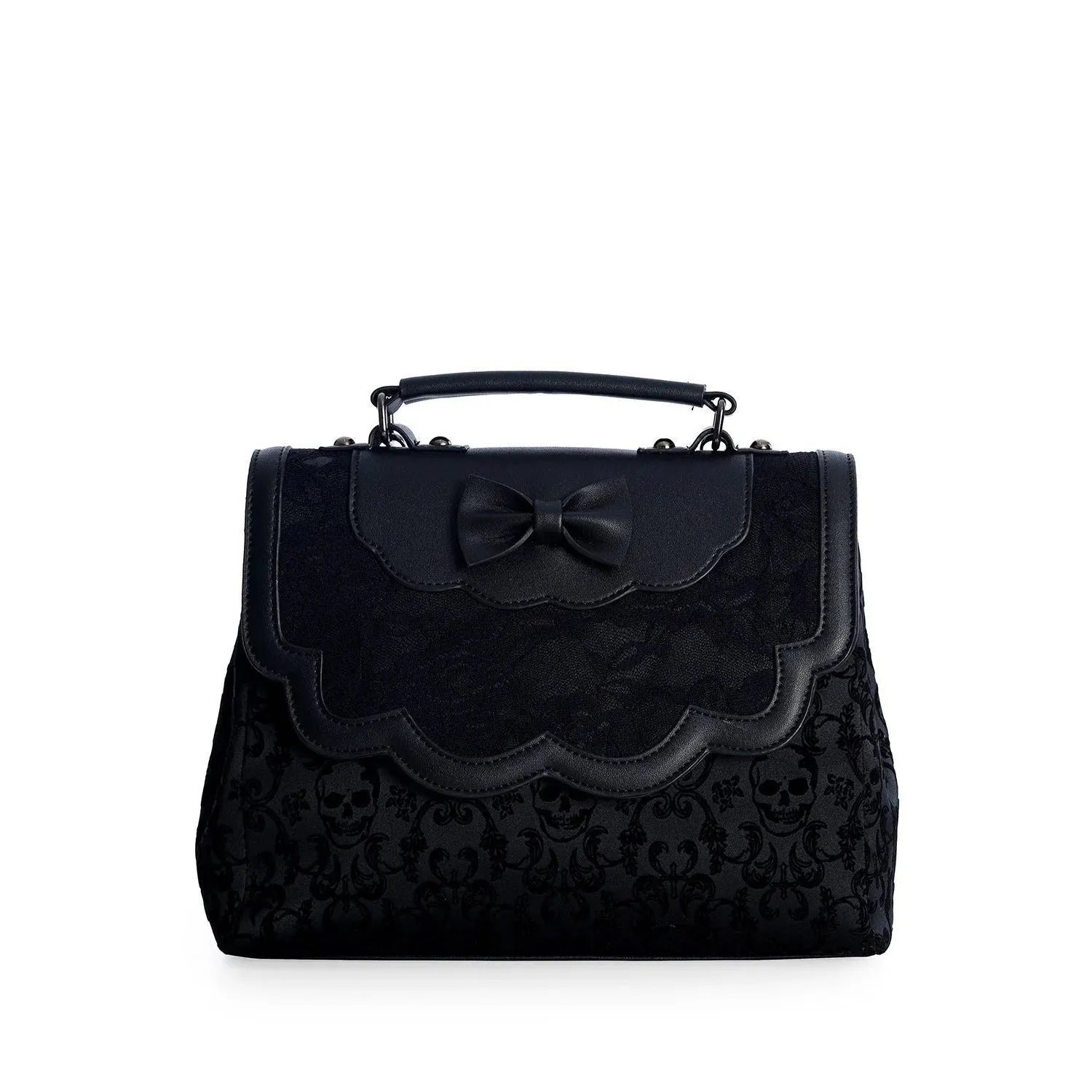 Black Retro Rose Embossed Scalloped Bow Handbag With Chain Shoulder Strap