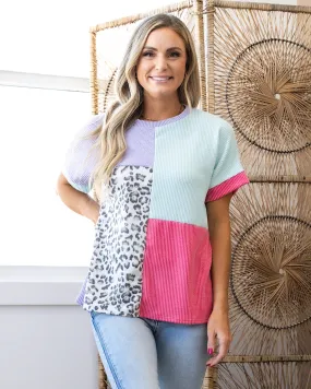 Daphne Leopard Corded Color Block Top - Lavender