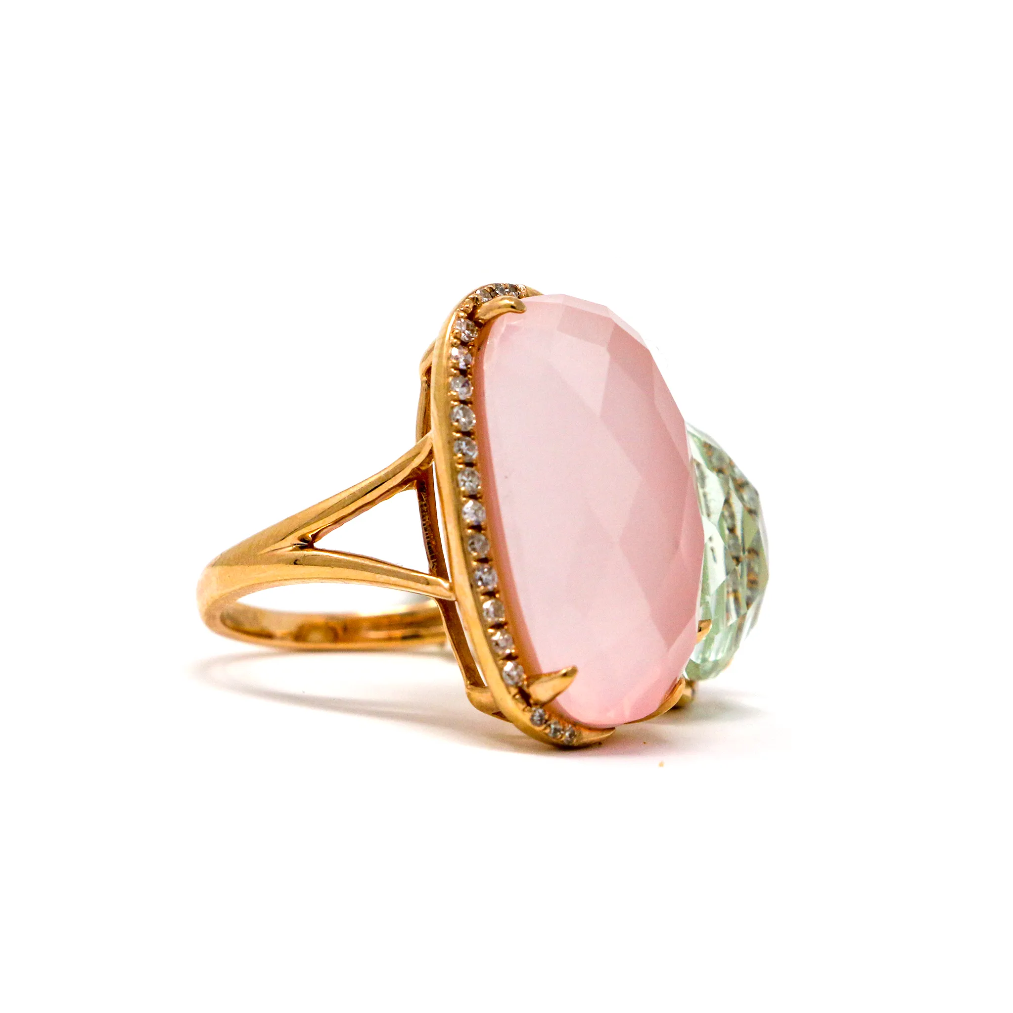 Duo Rose and Green Quartz Ring in 18K Rose Gold