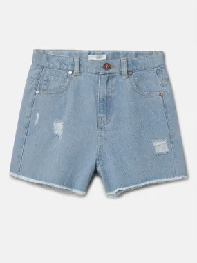 Girls Blue Bleach Wash Denim Shorts