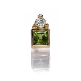 Green Square Sapphire & Moissanite Cluster 14k Yellow Gold Stud Earring (Single), {Ready to Ship}