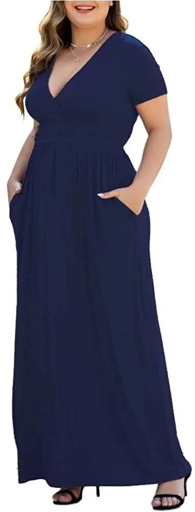 HAOMEILI Women's L-5XL Long Sleeve V-Neck Plus Size Casual Maxi Dresses with Pockets