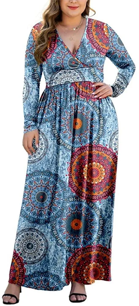 HAOMEILI Women's L-5XL Long Sleeve V-Neck Plus Size Casual Maxi Dresses with Pockets