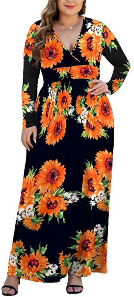 HAOMEILI Women's L-5XL Long Sleeve V-Neck Plus Size Casual Maxi Dresses with Pockets