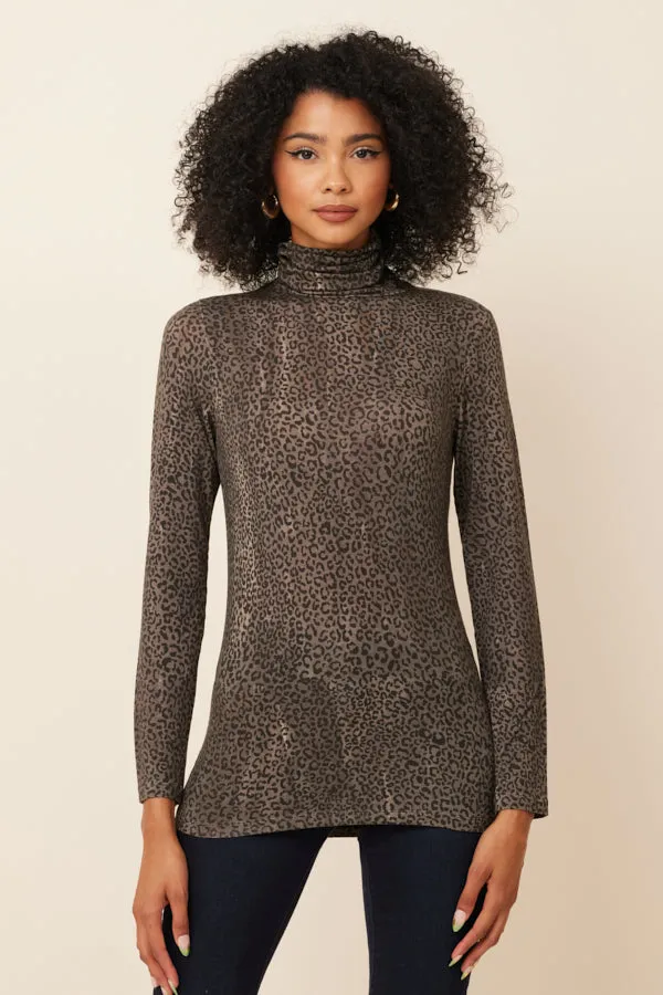 Lyocell Cashmere Stretch Cheetah Long Sleeve Turtleneck in Kaki