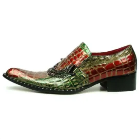 Men's Fiesso Red Green Alligator Print Chain Slip On Pointed Toe FI 7393