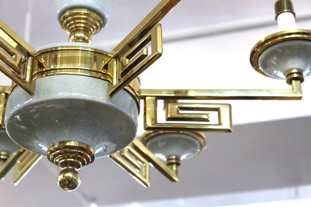 Mid-Century Modern Brass and Porcelain Chandelier in Manner of Tommi Parzinger