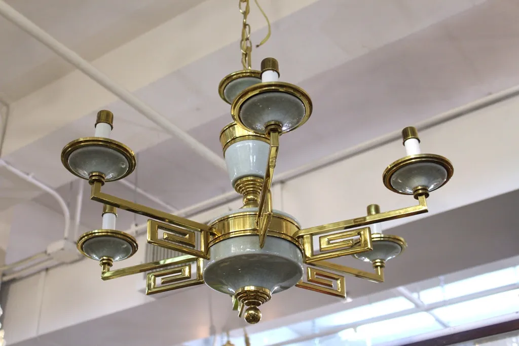 Mid-Century Modern Brass and Porcelain Chandelier in Manner of Tommi Parzinger