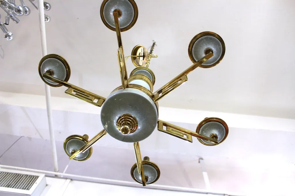 Mid-Century Modern Brass and Porcelain Chandelier in Manner of Tommi Parzinger