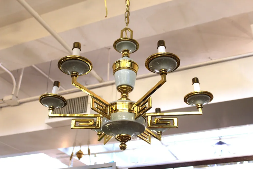 Mid-Century Modern Brass and Porcelain Chandelier in Manner of Tommi Parzinger