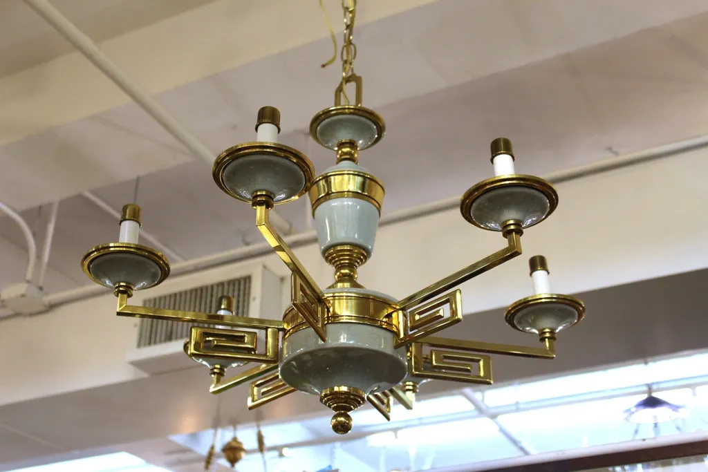 Mid-Century Modern Brass and Porcelain Chandelier in Manner of Tommi Parzinger