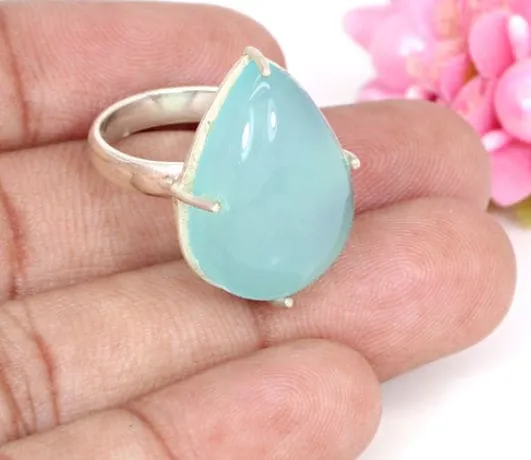 Natural Aqua Chalcedony Gemstone Ring Solid 925 Sterling Silver Ring Prong Setting Unisex Statement Ring