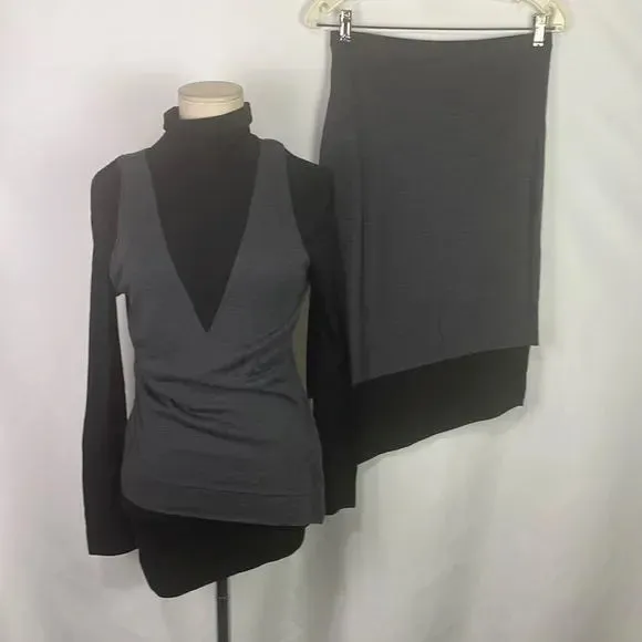 NWT Donna Karan Gray Black Color Block Skirt Set