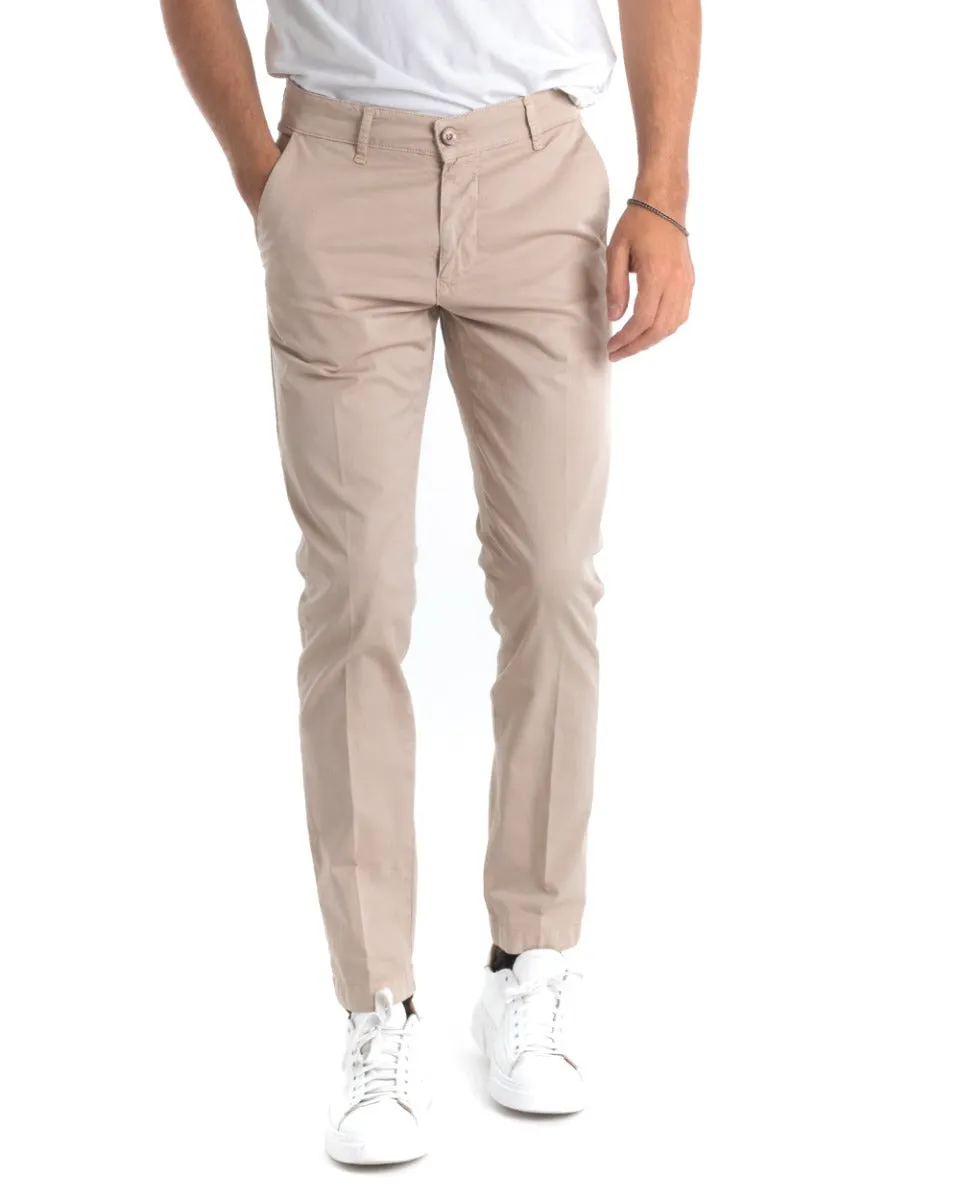 Pantaloni Uomo Cotone Tasca America Chinos Sartoriale Slim Fit Casual Beige GIOSAL-P5701A