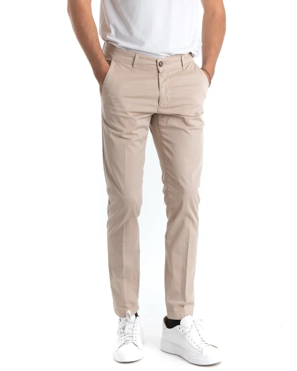 Pantaloni Uomo Cotone Tasca America Chinos Sartoriale Slim Fit Casual Beige GIOSAL-P5701A