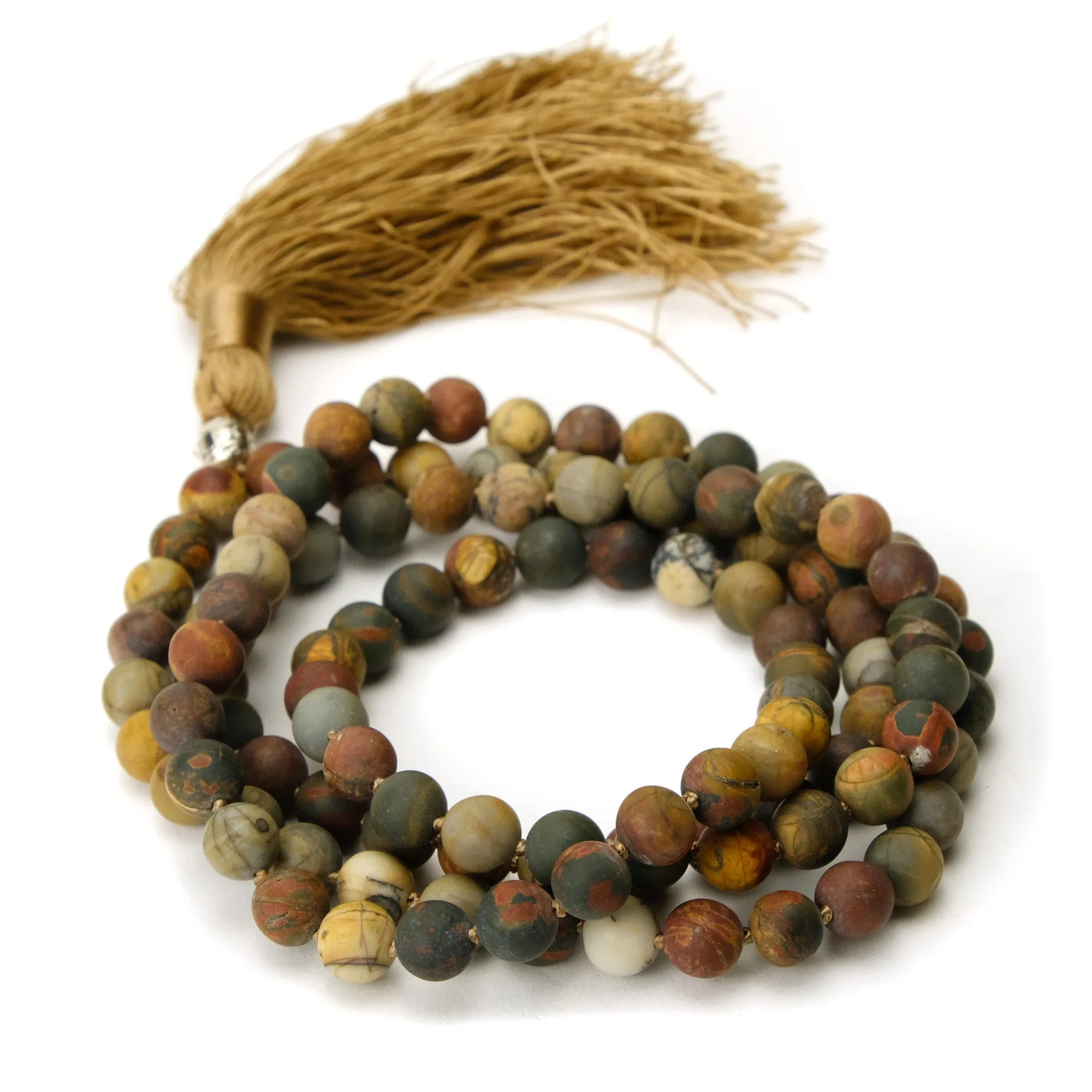 Rainforest Jasper 8mm Knotted Mala with Silk Tassel #83