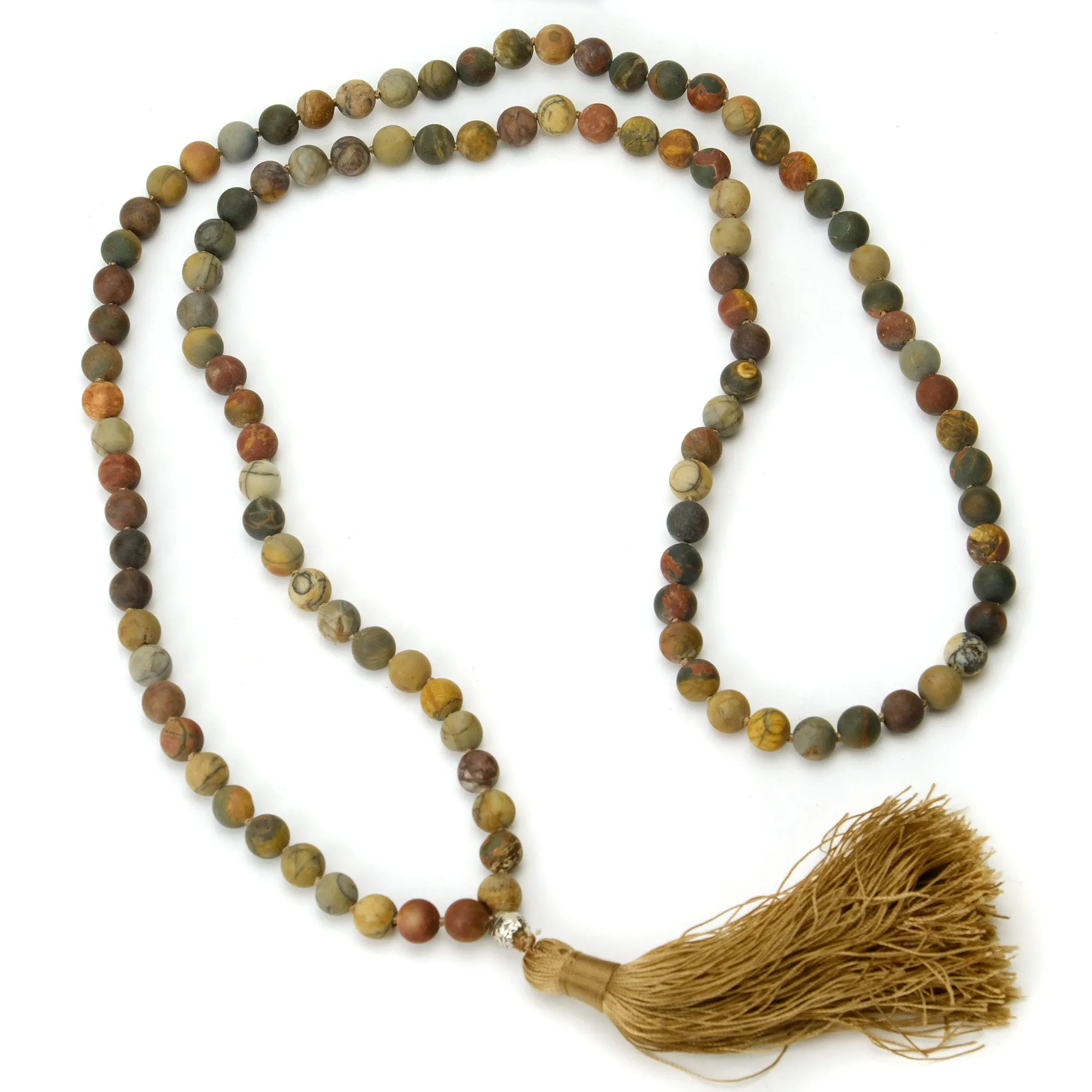 Rainforest Jasper 8mm Knotted Mala with Silk Tassel #83