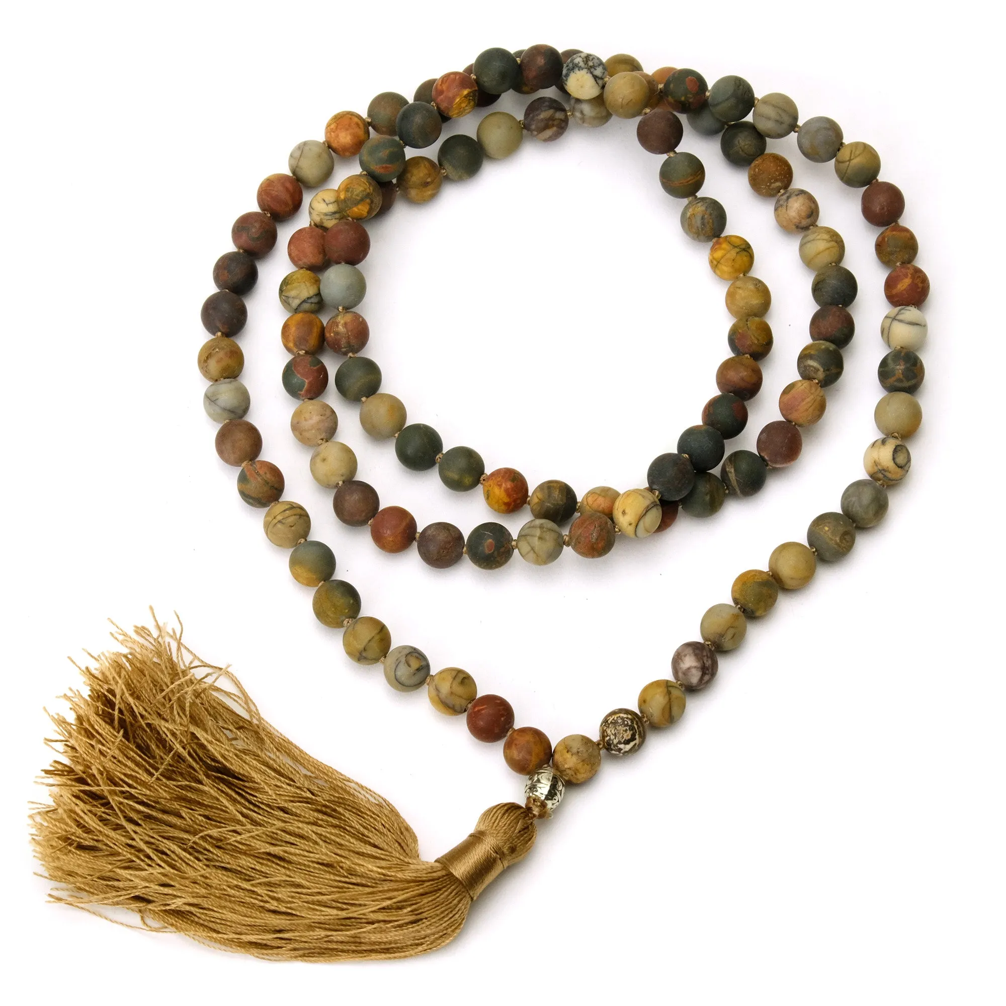 Rainforest Jasper 8mm Knotted Mala with Silk Tassel #83