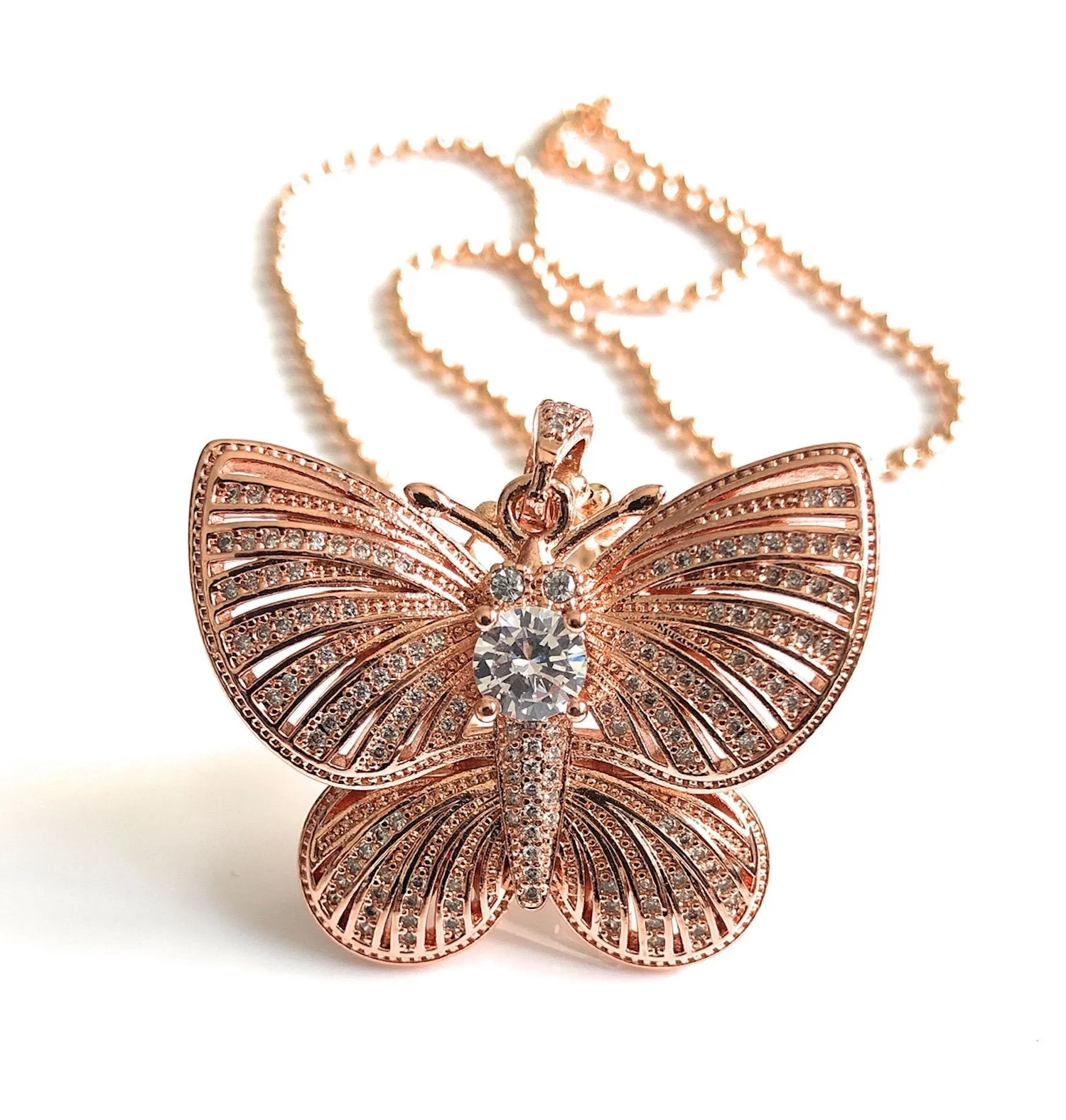 Rose Gold Butterfly Charm Necklace, Cubic Zirconia Big Butterfly Pendant, Fashion Necklace, Butterfly Jewelry, Rose Gold Trendy Necklace