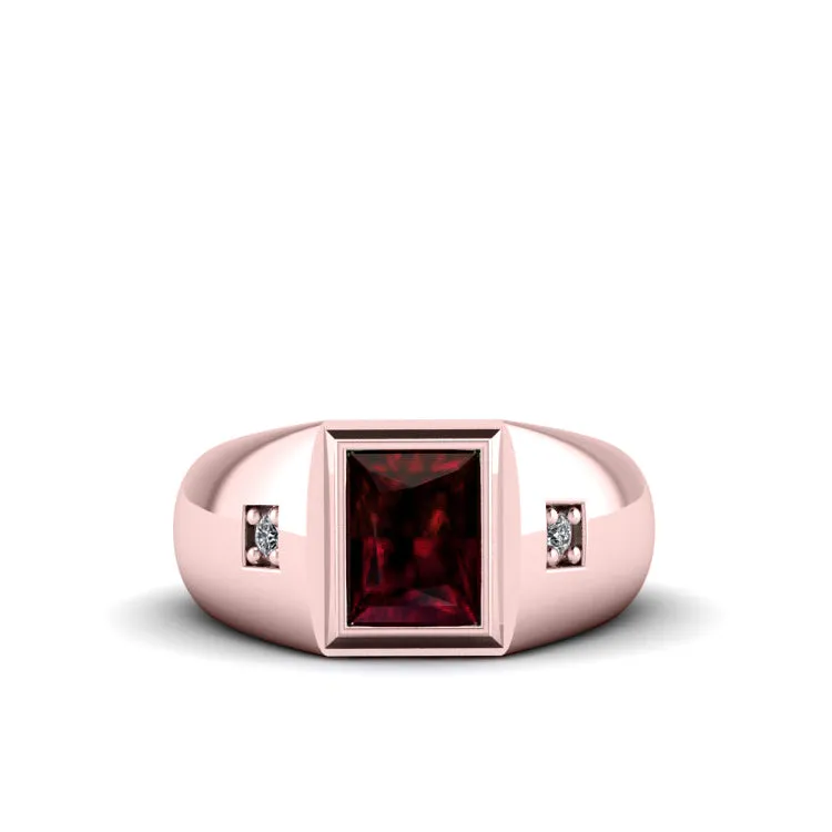 Solid 18k Gold Ring with Rectangle Cut Red Ruby and 0.06ct Diamonds Male Engagement Band