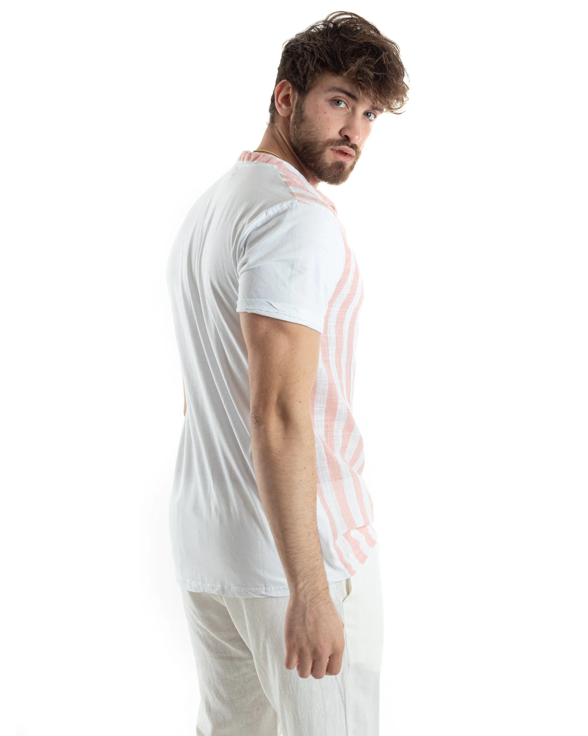 T-shirt Uomo Maniche Corte Serafino Con Bottoni Cotone Lino Casual Rigata Bicolore Rosa GIOSAL-TS3027A