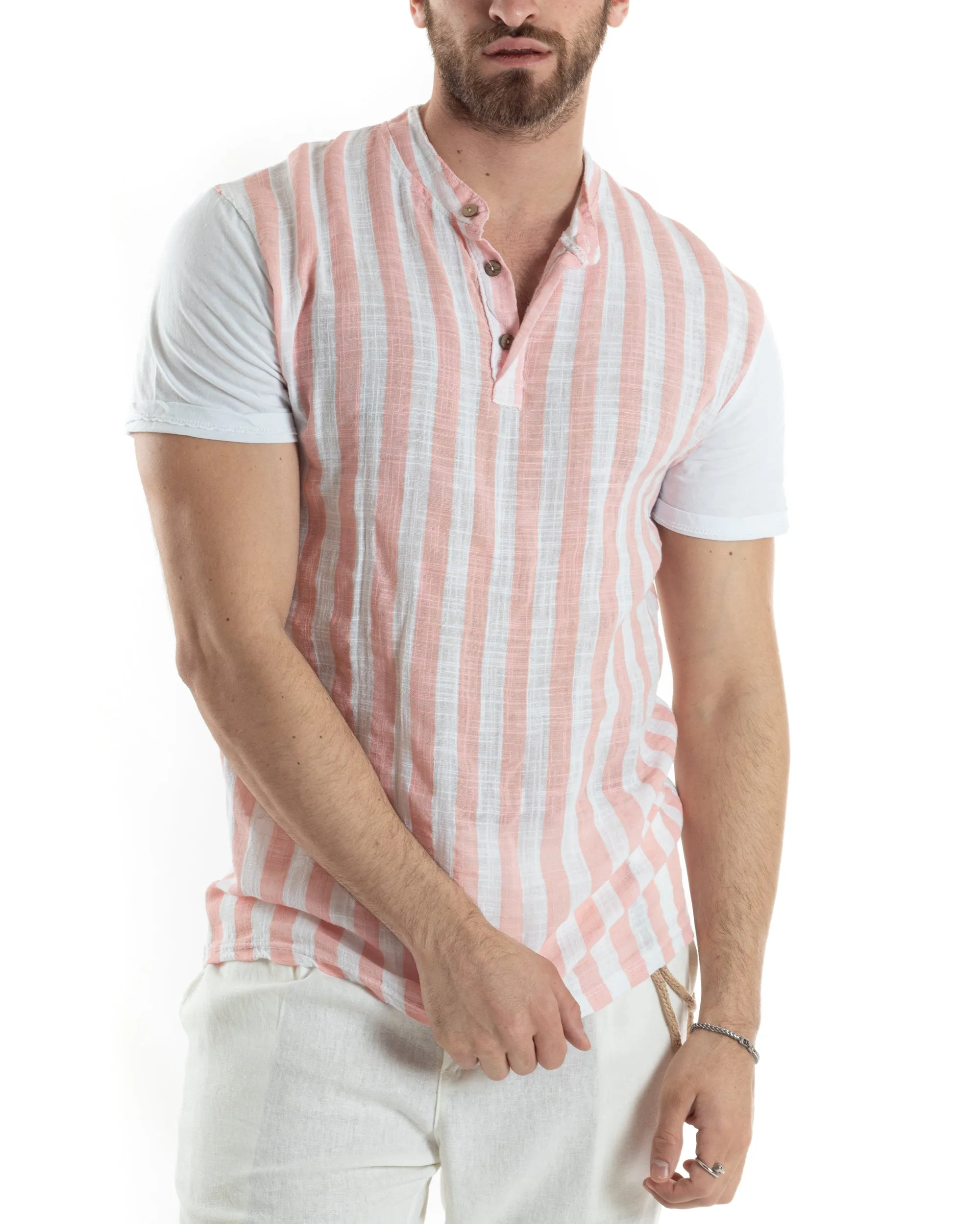 T-shirt Uomo Maniche Corte Serafino Con Bottoni Cotone Lino Casual Rigata Bicolore Rosa GIOSAL-TS3027A