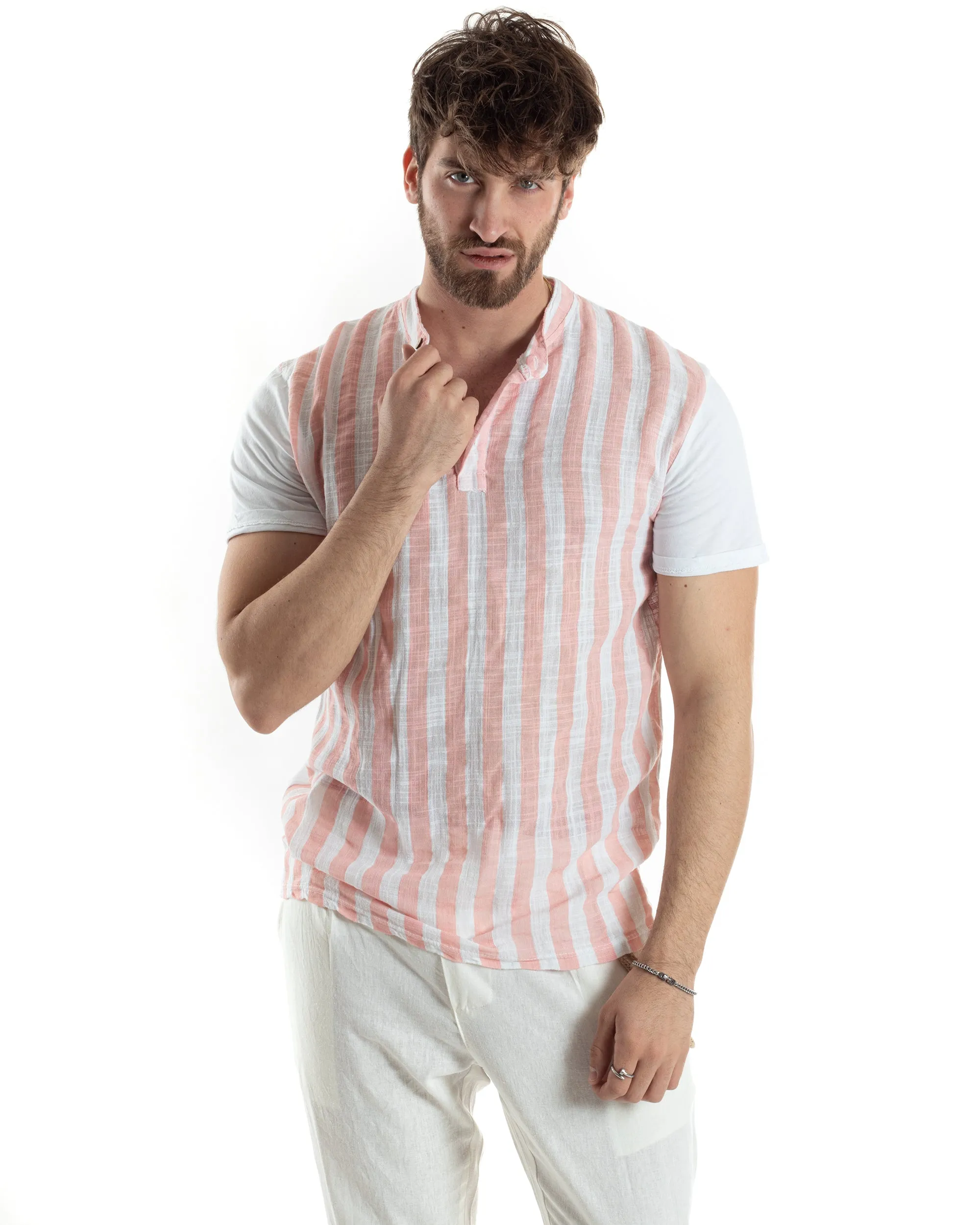 T-shirt Uomo Maniche Corte Serafino Con Bottoni Cotone Lino Casual Rigata Bicolore Rosa GIOSAL-TS3027A