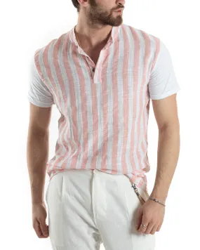 T-shirt Uomo Maniche Corte Serafino Con Bottoni Cotone Lino Casual Rigata Bicolore Rosa GIOSAL-TS3027A