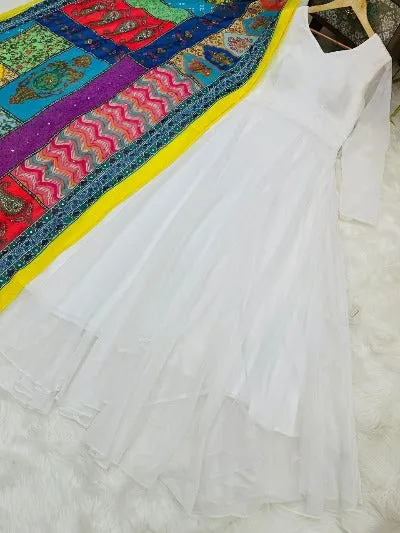 White Georgette Anarkali Gown With Multicolour Printed Dupatta